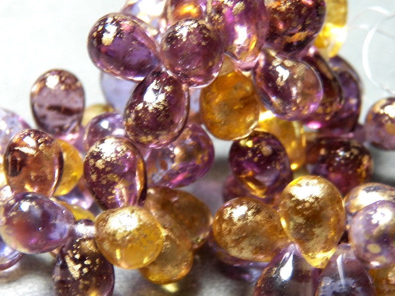 0203-P 24 Czech Purple and Gold Mixed Glass Teardrop Beads 9x6mm