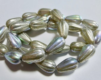 Czech 8x15mm Ivory with Silver, AB & Mercury Finish Fluted Glass Melon Drop Beads (10)