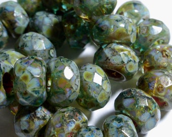 Czech 8x12mm Tea Green with Heavy Picasso Faceted Large Hole Rondelle Glass Beads (10)