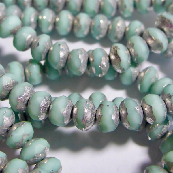 Czech 3x5mm Opaque Pale Green with Silver Finish Faceted Fire Polished Glass Rondelle Beads (30)