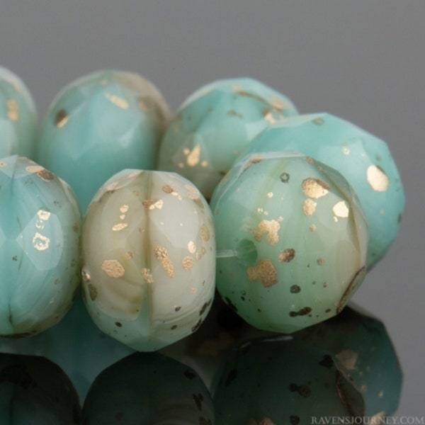 Czech 6x9mm Sky Blue and Ivory with Gold Finish Faceted Fire Polished Glass Rondelle Beads (25)