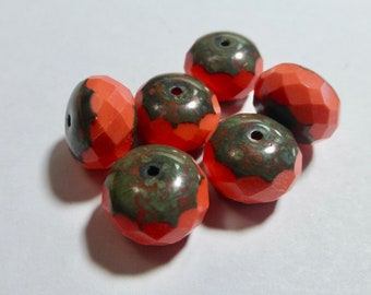 Czech 9x14mm Coral Picasso Glass Rondelle Beads (6)