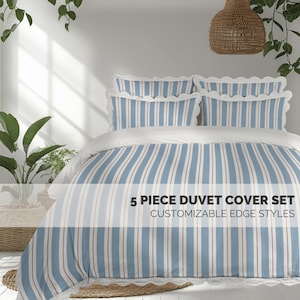 Blue Striped Scalloped Bedding Cotton Duvet Set Cotton Anniversary Gift Ruffled Bedding Grandpa Chic Bedroom Decor Gift Idea First Apartment