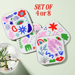 Coaster Set Funky Colorful Decor Dopamine Style Maximalist Tableware Retro Abstract Drink Coaster Gift Idea Mom Preppy Cocktail Party Accent