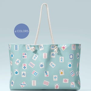 Mahjong Bag Large Travel Tote Pastel Mahjong Tile Pattern Dusty Blue Overnight Carryall Mahjong Lover Gift Game night Mahjong Accessories
