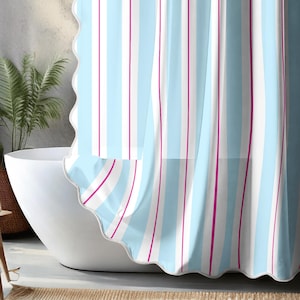 Wavy Edge Shower Curtain Scalloped Edge Light Blue Striped Modern Bathroom Decor Neon Pink Curtain Idea Gift Teen Girls Bathroom Makeover