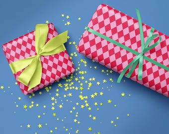 Pink Harlequin Wrapping Paper Romantic Bridal Gift Wrap Red Checkered Anniversary Idea Gift Her Valentine’s Day Stylish Wedding Party Decor