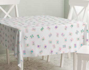Mahjong Tablecloth Pastel Mahjong Play Instruction Mahjong Tile Pattern Gift Idea Board Game Night Square Tabletop Linen Mahjong Game Rules