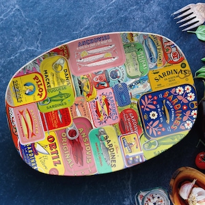 Tinned Fish Serving Platter Bold Color Dinnerware Unique Gift Father Chef Serving Tray Vintage Style Tableware Housewarming Gift Brother