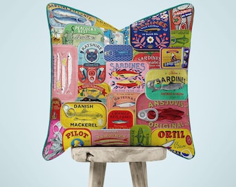 Tinned Sardines Pillow Canned Sardines Indoor Cotton Cushion Maximalist Home Decor Outdoor Cushion Idea Gift Sardine Lovers Gift Friend