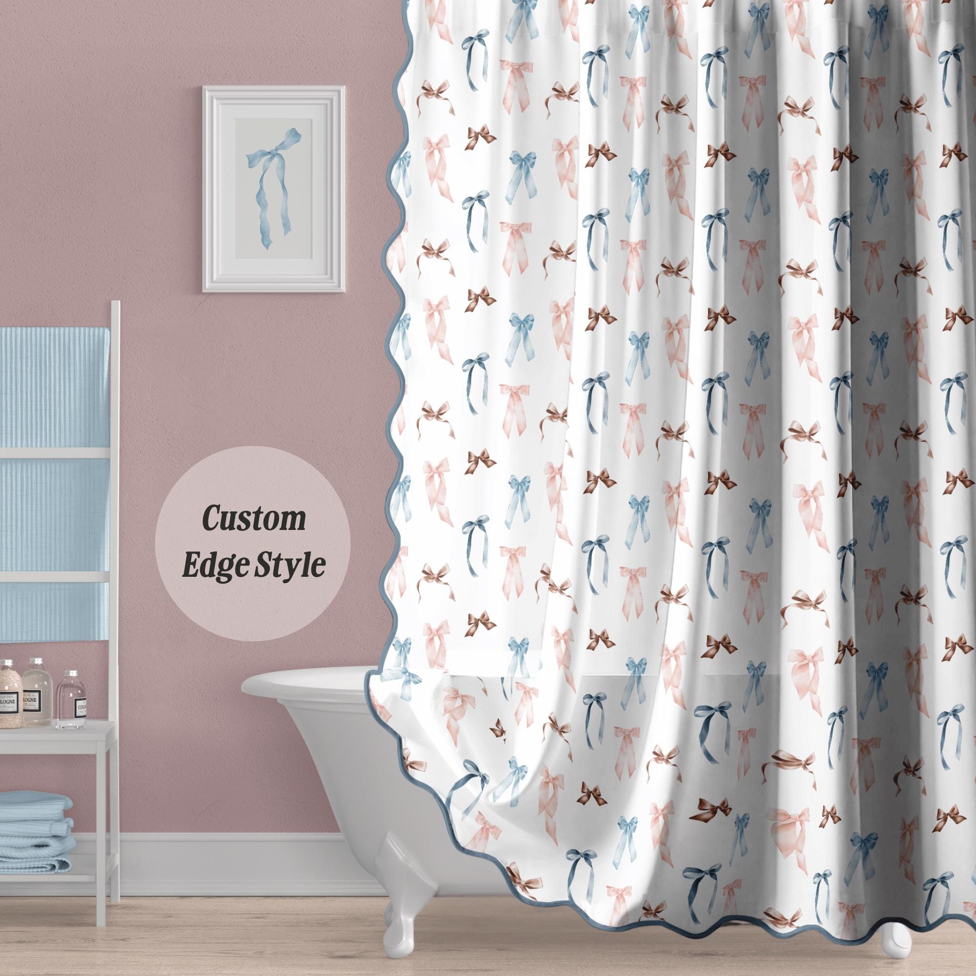 Coquette Bow Shower Curtain Pink Blue Bow Print Scalloped Edge Bathroom ...