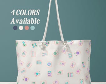 Mahjong Bag Large Travel Tote Pastel Mahjong Tile Pattern White Overnight Carryall Mahjong Lover Gift Game night Mahjong Accessorie Tote Bag