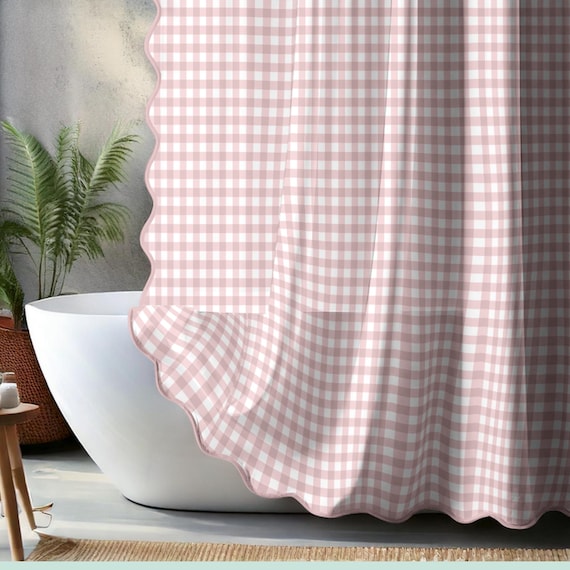 Coquette Style Shower Curtain Romantic Pink Gingham Bathroom Decor Scalloped Edge Curtain Idea Gift Cottagecore Inspired Bathroom Wavy Edge