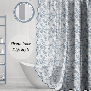 Cortina de chuveiro Toile De Jouy com borda recortada, estampa de palmeira, tema litorâneo, ideia de decoração de banheiro, presente para amantes da praia, cortina de banho azul e branca
