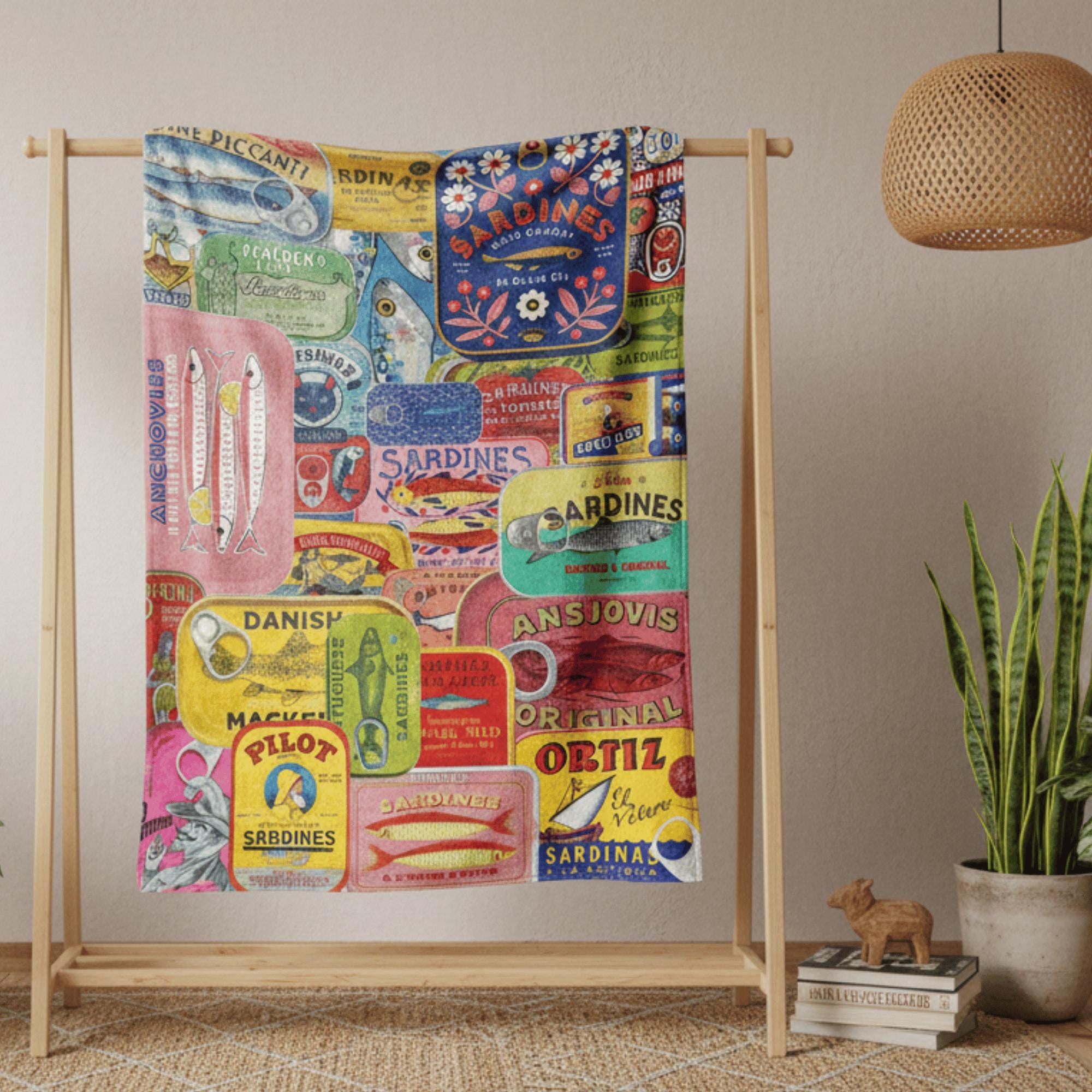 Sardine Fish Blanket Fleece Throw Decor Gift Idea Colorful Housewarming Retro Blanket Couch Throw Best Friend Food Lover Apartment Decor