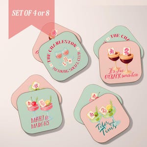 May include: A set of square coasters with rounded corners, featuring cocktail and Mahjong-themed designs. The coasters have a two-tone color scheme of pink and teal. Text includes "The Charleston Mahjong Social Club" and cocktail-related phrases.