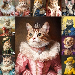 Puede incluir: Un collage de 17 imágenes con gatos y perros vestidos con diversos trajes históricos. Las imágenes están dispuestas en una cuadrícula y cada imagen está numerada. Los animales se representan en una variedad de poses, incluyendo sentados, de pie y acostados. Los trajes son elaborados e incluyen coronas, joyas y otros elementos decorativos.