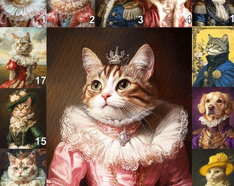 Op de afbeelding: Een collage van 17 afbeeldingen met katten en honden die gekleed zijn in verschillende historische kostumen. De afbeeldingen zijn in een rasterpatroon gerangschikt en elke afbeelding is genummerd. De dieren worden afgebeeld in verschillende poses, waaronder zittend, staand en liggend. De kostuums zijn uitgebreid en omvatten kronen, juwelen en andere decoratieve elementen.