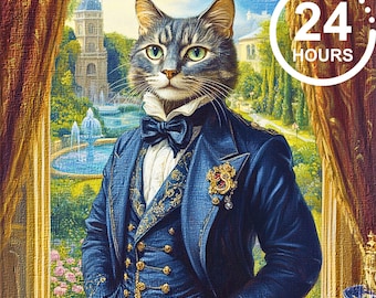 Aangepaste Royal Cat Suits portret, renaissance hond schilderij, kattenliefhebber cadeau Victoriaans huisdier portret huisdier portret, nobel huisdier kunstwerk muur decor