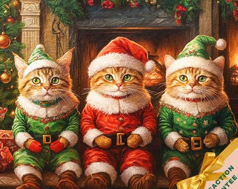 May include: Three cats dressed in festive attire for the holidays. A green cat with a Santa hat is sitting on the left, a red cat with a Santa hat is sitting in the middle, and a green cat with an elf hat is sitting on the right. The cats are sitting in front of a fireplace.
