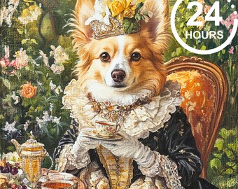 Aangepaste Royal Dog bloemenportret, renaissance hond schilderij, kattenliefhebber cadeau Victoriaans huisdier portret huisdier portret, nobel huisdier kunstwerk muur decor