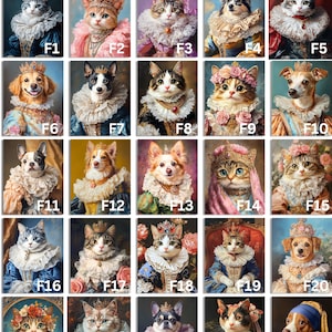 May include: A collage of 25 images featuring various cats and dogs dressed in royal attire, wearing crowns and jewelry. Each image is labeled with a number from F1 to F25.