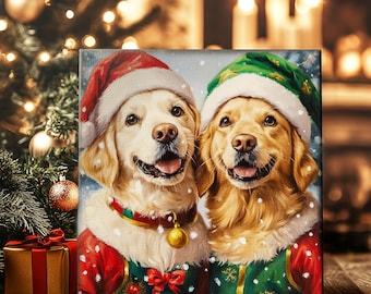 May include: Two golden retriever dogs wearing Santa and elf hats. The dog on the left is wearing a red Santa hat and a red and green Santa suit. The dog on the right is wearing a green elf hat and a green and red elf suit. Both dogs are smiling and looking at the camera.