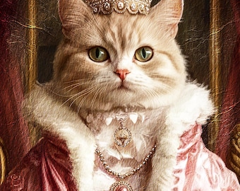 May include: A fluffy, light brown cat wearing a gold crown with a pink gem and a gold necklace with a pink gem pendant. The cat is wearing a pink and white robe with a fur collar.