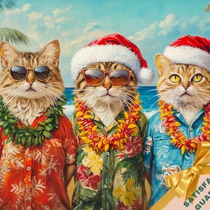 May include: Three cats wearing Santa hats and Hawaiian shirts with leis around their necks. The cats are standing on a beach with the ocean in the background.