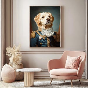 May include: A painting of a golden retriever dog dressed in a blue military uniform with gold accents. The dog is wearing a white collar and has a serious expression on its face. The painting is framed and hanging on a wall.