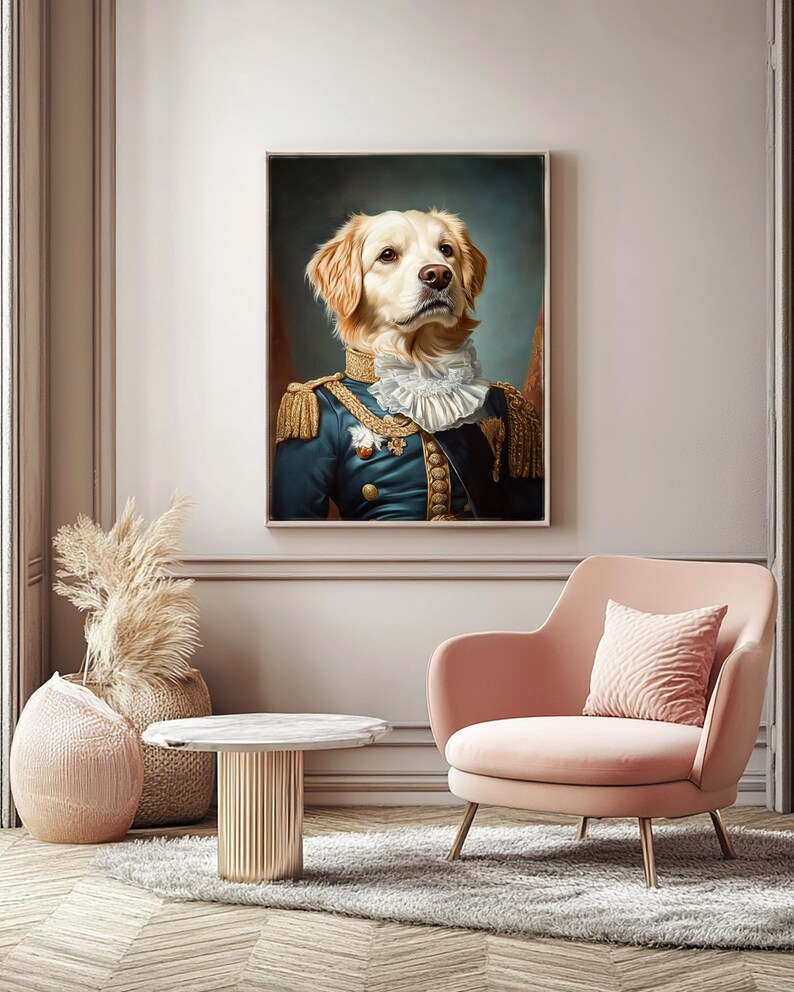 May include: A painting of a golden retriever dog dressed in a blue military uniform with gold accents. The dog is wearing a white collar and has a serious expression on its face. The painting is framed and hanging on a wall.