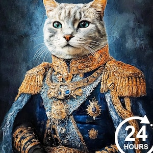 May include: A white cat with blue eyes is dressed in a blue and gold royal costume. The cat is wearing a gold crown and a blue sash. The cat is standing in front of a blue background. The image includes the text "24 HOURS".