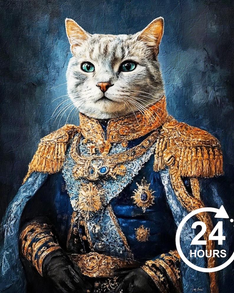 May include: A white cat with blue eyes is dressed in a blue and gold royal costume. The cat is wearing a gold crown and a blue sash. The cat is standing in front of a blue background. The image includes the text "24 HOURS".
