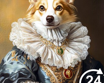May include: A painting of a dog dressed in a blue and gold gown with a white lace collar. The dog is wearing a gold necklace with a green and red jewel. The painting has a vintage style and is framed in a gold frame.