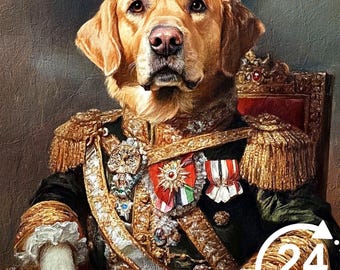 Op de afbeelding: Een portret van een golden retriever in een militair uniform met gouden details, medailles en een sjerp. De hond zit op een rode stoel. Een witte cirkel met de tekst "24 HOURS" staat in de rechter benedenhoek.
