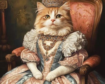 May include: A ginger cat wearing a crown and a jeweled necklace sits on a throne-like chair. The cat is dressed in a pink and blue gown with white lace trim. The background is a dark brown and gold.