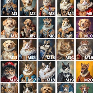 May include: A collage of 25 images featuring various dogs and cats dressed in royal attire, each image labeled with a number from M1 to M25.