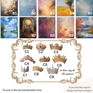 May include: A digital illustration of ten different backgrounds and nine different crowns. The backgrounds are painted in a variety of styles, including landscapes, skies, and abstract designs. The crowns are gold, silver, and jeweled. The text "To put in the personalization box" and "M10 Original design" are at the bottom of the image. The text "or from any of the costume" is in the middle of the image.