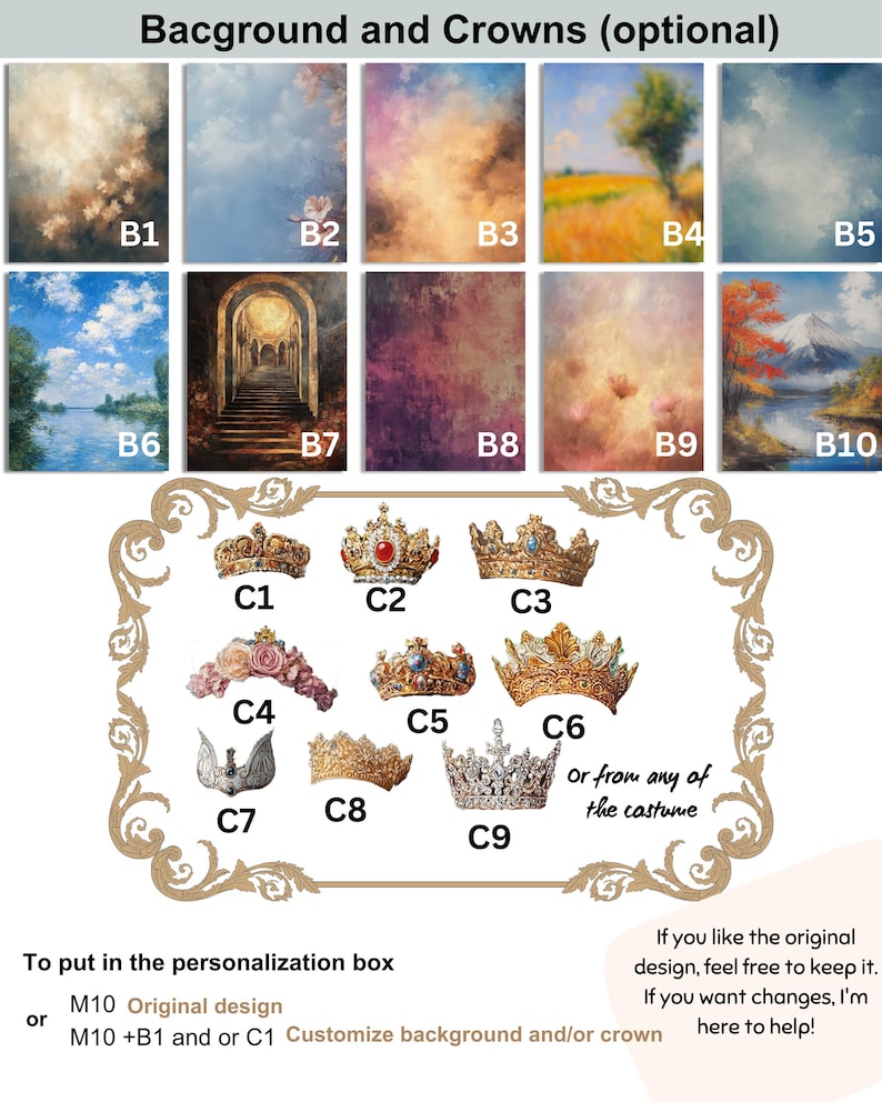 May include: A digital illustration of ten different backgrounds and nine different crowns. The backgrounds are painted in a variety of styles, including landscapes, skies, and abstract designs. The crowns are gold, silver, and jeweled. The text "To put in the personalization box" and "M10 Original design" are at the bottom of the image. The text "or from any of the costume" is in the middle of the image.