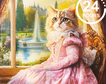 Custom Royal Cat bloemenportret, renaissance hond schilderij, kattenliefhebber cadeau Victoriaans huisdier portret huisdier portret, nobel huisdier kunstwerk muur decor