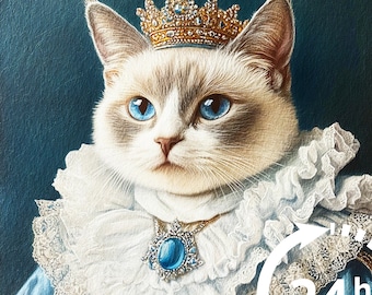 May include: A white cat with blue eyes wearing a gold crown and a white lace collar with a blue gemstone pendant. The cat is sitting on a blue background with the text "24h" in a circle.
