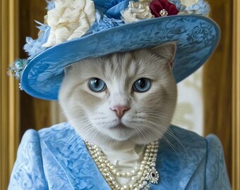 Retrato de gato real, rainha, gato, pinturas personalizadas renascentistas de animais de estimação, tela engraçada, pintura de gato real, presente memorial para amantes de gatos, arte para animais de estimação