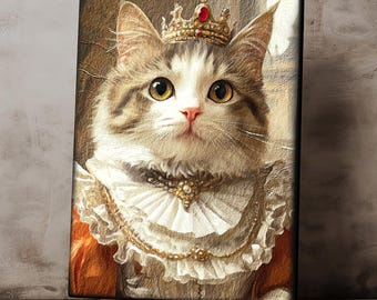 Custom Pet Portrait Princess Cat, Renaissance Cat Portrait from Photo, Regal Pet with Crown, Wall Art, Pet Memorial Gift