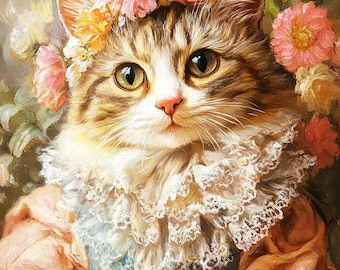 Royal Cat Portrait Custom Renaissance Pet Paintings Flower Canvas Royal Cat Painting Pet Memorial Gift For Cat Lover Pet Art Christmas Gift
