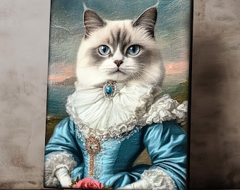 Pet Portrait Princess Cat, Custom Renaissance Cat Portrait from Photo, Regal Pet with Crown, Wall Art, Pet Memorial Gift