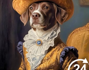 Op de afbeelding: Een bruine en witte hond die een gele hoed draagt met een blauwe edelsteen en een gouden en wit gepatroneerd jasje. De hond zit op een stoel met een gouden frame. De afbeelding heeft een 24 uur tekst overlay.