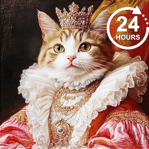 May include: A tabby cat wearing a gold crown and a white lace collar, dressed in a pink and gold gown. The cat is looking directly at the viewer. The image has a 24 hours text overlay.