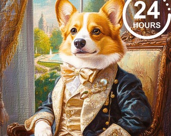 Op de afbeelding: Een corgi-hond die een blauw en gouden pak draagt met een witte strik en een parelbroche. De hond zit op een stoel met een gouden frame. De achtergrond is een schilderij van een stadsgezicht en een tuin.