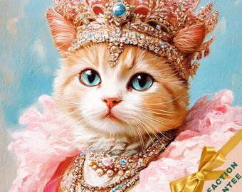 May include: A ginger cat wearing a pink and white ruffled collar and a jeweled crown. The cat has blue eyes and a white patch on its chest.