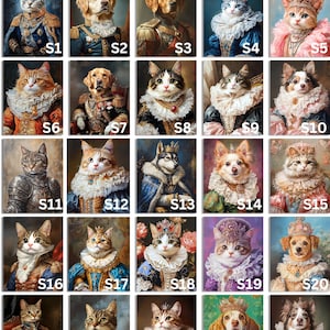 May include: A collage of 25 images featuring various pets dressed in royal attire. The pets include cats, dogs, and a wolf, all wearing crowns, jewels, and elaborate clothing. The images are arranged in a grid pattern, with each image labeled with a number from S1 to S25.